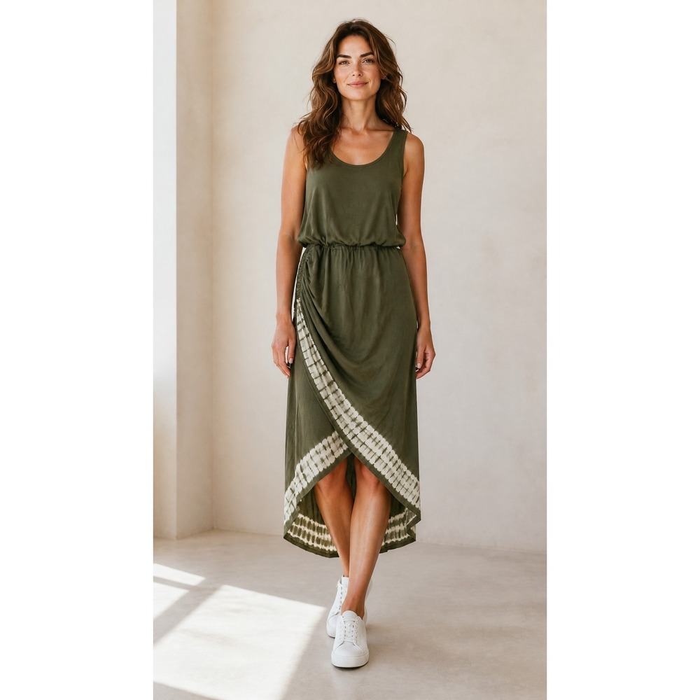Chicos Olive Green Tie Dye Faux Wrap Midi Dress Sleeveless Blouson Size 2‎ L XL